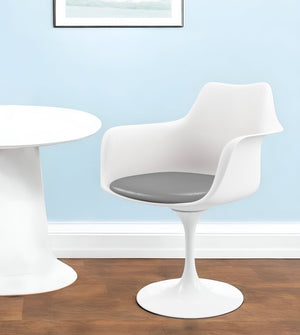 Homeroots White Heavy Duty Plastic Swivel Dining Arm Chair With Gray Faux Leather Cushion   520276