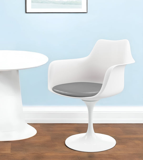 Homeroots White Heavy Duty Plastic Swivel Dining Arm Chair With Gray Faux Leather Cushion   520276