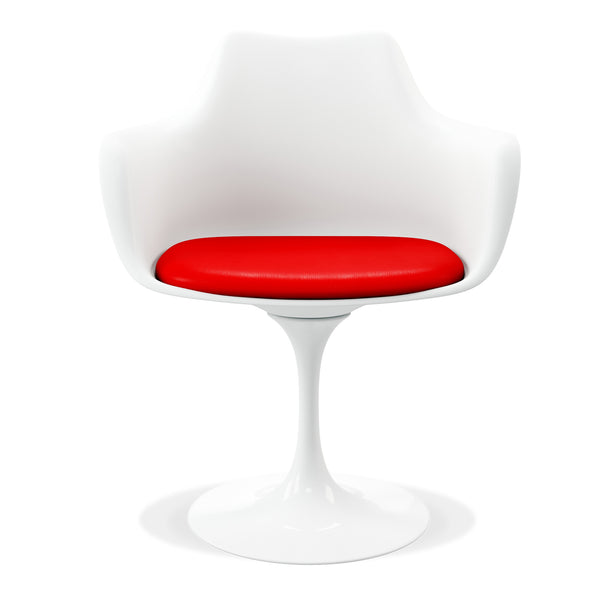 Homeroots White Heavy Duty Plastic Swivel Dining Arm Chair With Red Faux Leather Cushion   520277