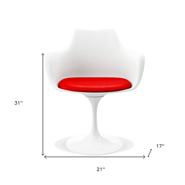 Homeroots White Heavy Duty Plastic Swivel Dining Arm Chair With Red Faux Leather Cushion   520277