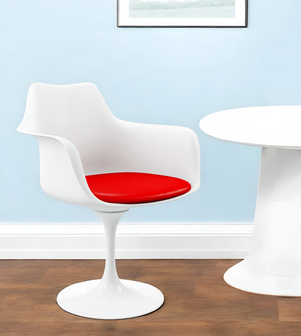 Homeroots White Heavy Duty Plastic Swivel Dining Arm Chair With Red Faux Leather Cushion   520277