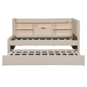 English Elm Twin Upholstered Daybed with Pull-Up Trundle, Velvet High Back with Shelves, Flip Storage & USB Beige SF000194AAA