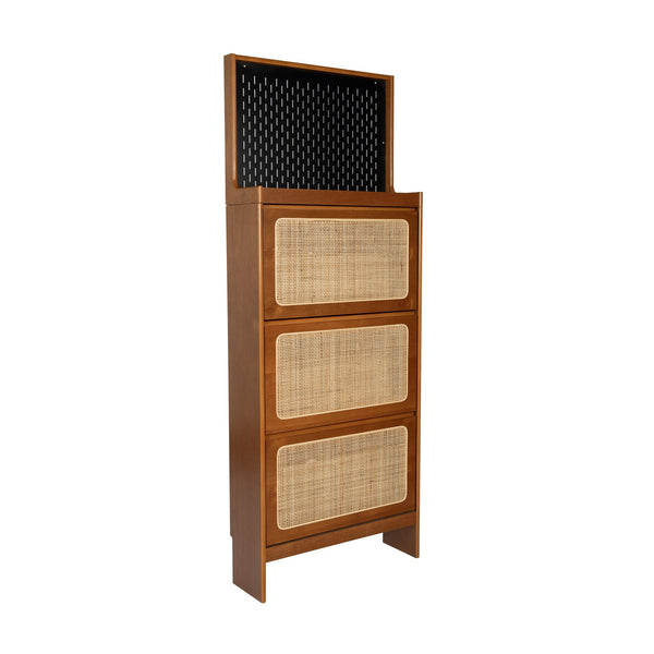 English Elm Rattan Narrow Shoe Cabinet with 3 Flip Drawers, Black Pegboard & Top Organizer — Slim 65"H Storage W1801P172870