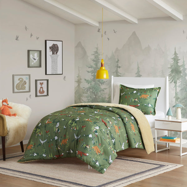 JLA Home Mi Zone Kids - Forest Plush Reversible Comforter Set with Hypoallergenic Fill, OEKO-TEX Antimicrobial Cozy Bedding 86 L x 66 W x 1H MZK10-265