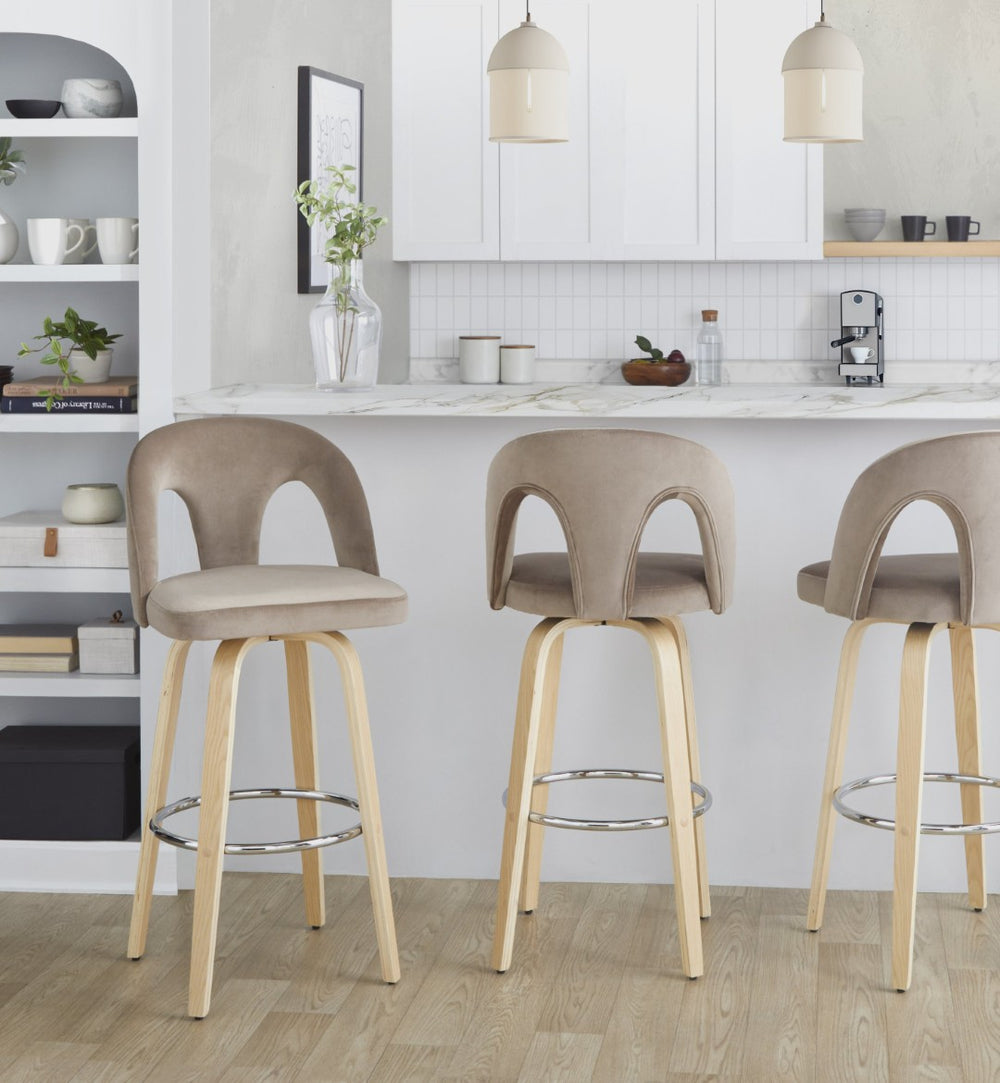 English Elm Fixed-height Swivel Barstools Taupe Velvet Natural Wood Legs Chrome Footrest Set B202S01877
