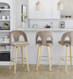 English Elm Fixed-height Swivel Barstools Taupe Velvet Natural Wood Legs Chrome Footrest Set B202S01877