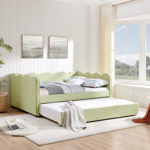 English Elm Full Size Gingham Linen Daybed with Wave Backrest Trundle and Usb Charging Port Green W1413S00139