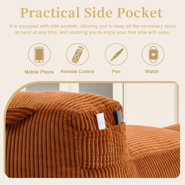 English Elm Big Corduroy Lounger Bean Bag with Ottoman Memory Foam Fill for Living Room Orange W395P435350