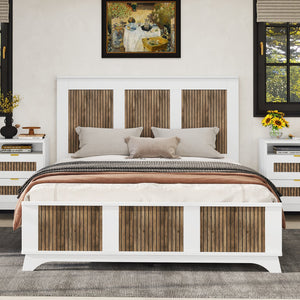 English Elm Farmhouse Wooden Platform Bed Queen with Rustic Strip Headboard, Plywood Slat Support, 700lb Capacity White 67.32 L x 21.77 W x 7.87 H WF530906AAK