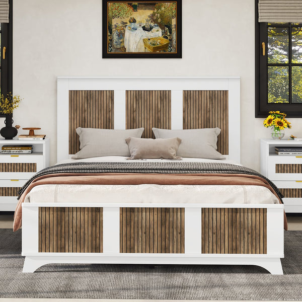 English Elm Farmhouse Wooden Platform Bed Queen with Rustic Strip Headboard, Plywood Slat Support, 700lb Capacity White 67.32 L x 21.77 W x 7.87 H WF530906AAK
