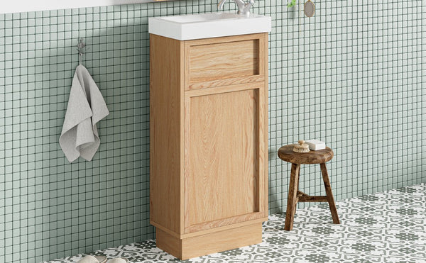 English Elm 15.75" Rustic Bathroom Vanity with Reversible Resin Sink, Soft-Close Door, Adjustable Shelf, Compact Elegance N729P285513N