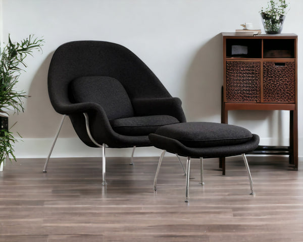 Homeroots 39" Black And Silver Wool Lounge Chair With Ottoman   520549