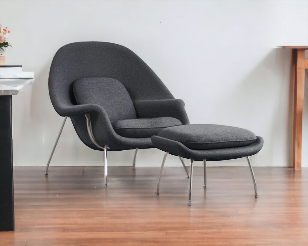 Homeroots 39" Dark Gray And Silver Wool Lounge Chair With Ottoman   520552