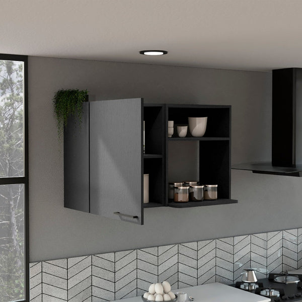 HomeRoots 39" Modern Black Laminate Wall-Mounted China Cabinet with Two Shelves for Stylish Storage Solutions 520576