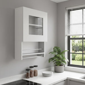 HomeRoots 20" White Laminate Wall-Mounted China Cabinet with Glass Doors & Adjustable Shelf for Modern Spaces 520583