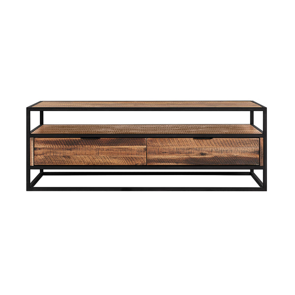 Homeroots 50" Brown And Black Solid Wood And Metal Coffee Table With Two Drawers And Shelf   520585