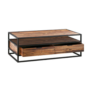 Homeroots 50" Brown And Black Solid Wood And Metal Coffee Table With Two Drawers And Shelf   520585