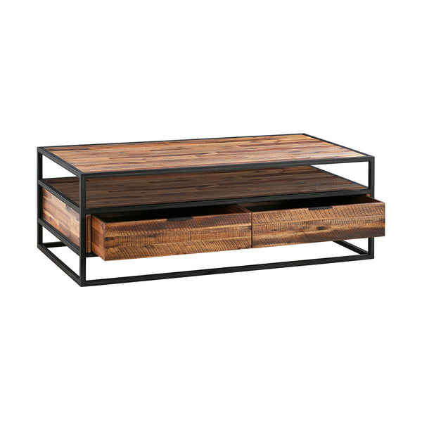 Homeroots 50" Brown And Black Solid Wood And Metal Coffee Table With Two Drawers And Shelf   520585