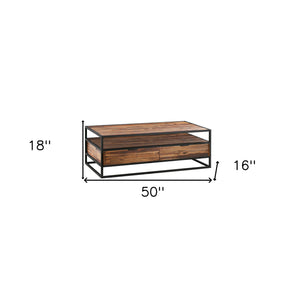 Homeroots 50" Brown And Black Solid Wood And Metal Coffee Table With Two Drawers And Shelf   520585