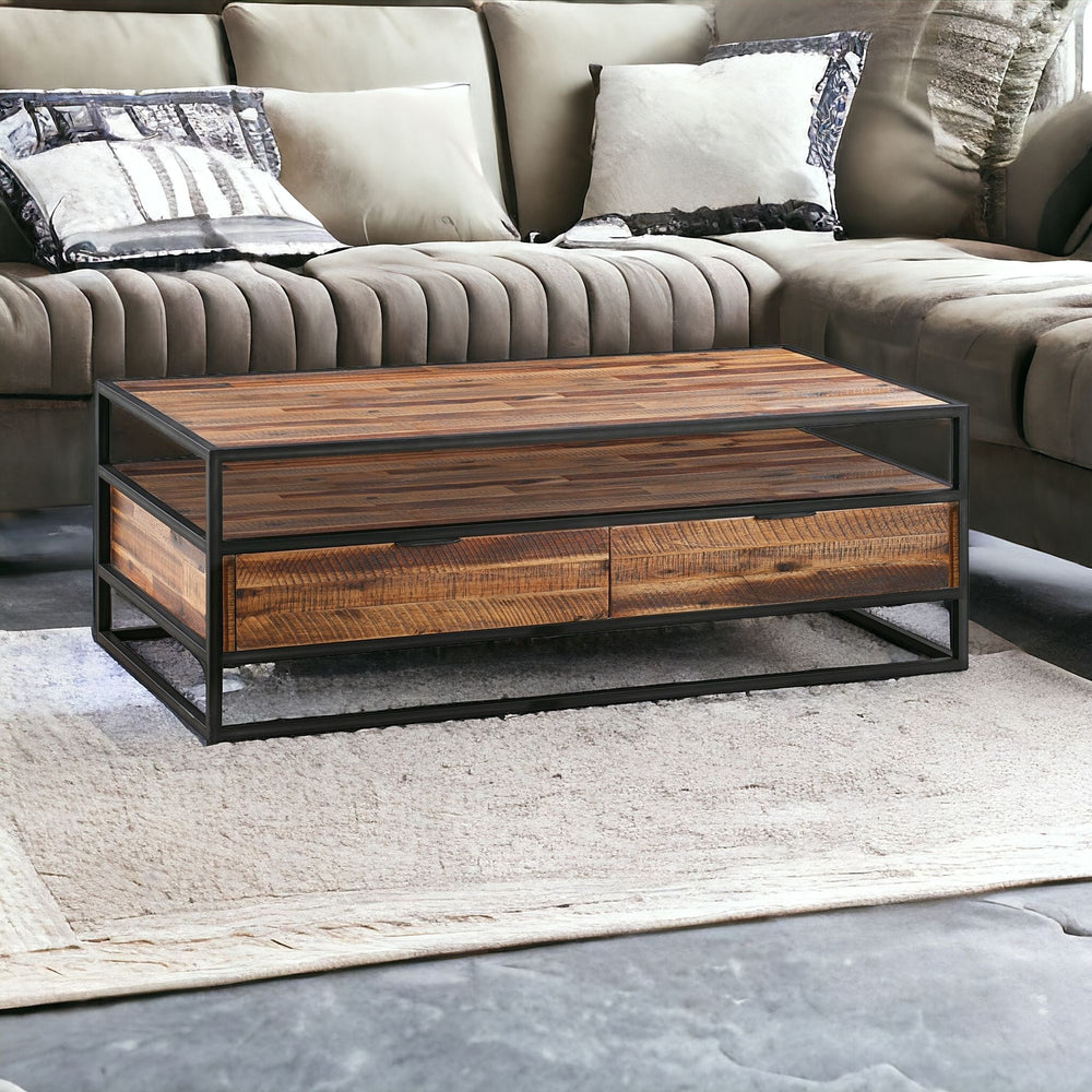 Homeroots 50" Brown And Black Solid Wood And Metal Coffee Table With Two Drawers And Shelf   520585