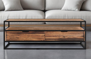 HomeRoots 50" Rustic Brown and Black Solid Wood Coffee Table with Two Drawers and Stylish Storage Shelf 520585