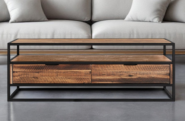 HomeRoots 50" Rustic Brown and Black Solid Wood Coffee Table with Two Drawers and Stylish Storage Shelf 520585