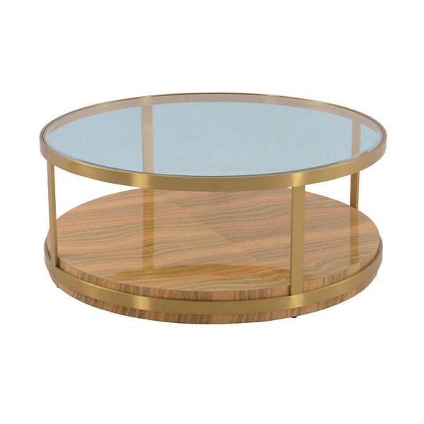 Homeroots 43" Clear Gold And Brown Glass Wood And Metal Round Coffee Table With Shelf   520588