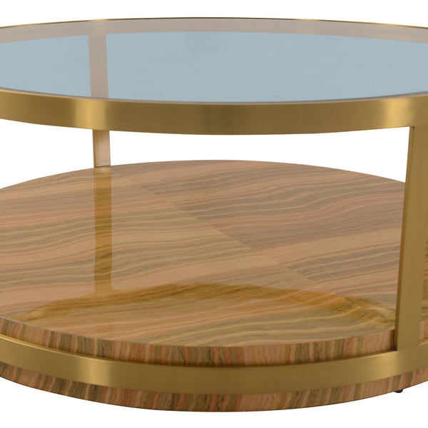 Homeroots 43" Clear Gold And Brown Glass Wood And Metal Round Coffee Table With Shelf   520588