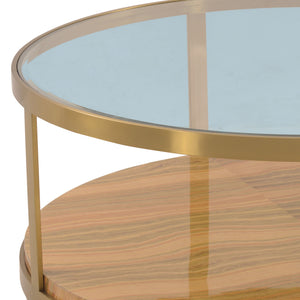 Homeroots 43" Clear Gold And Brown Glass Wood And Metal Round Coffee Table With Shelf   520588