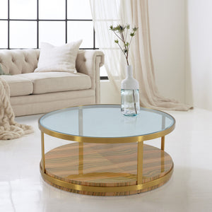 Homeroots 43" Clear Gold And Brown Glass Wood And Metal Round Coffee Table With Shelf   520588