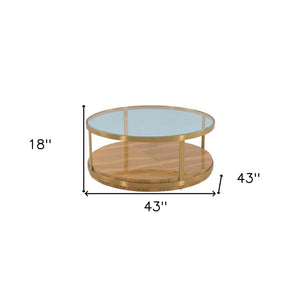 Homeroots 43" Clear Gold And Brown Glass Wood And Metal Round Coffee Table With Shelf   520588