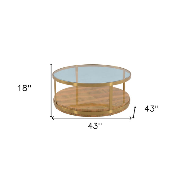 Homeroots 43" Clear Gold And Brown Glass Wood And Metal Round Coffee Table With Shelf   520588