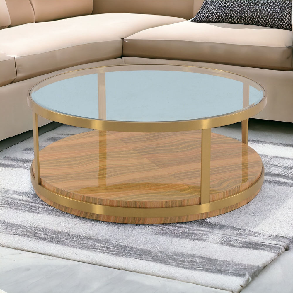 Homeroots 43" Clear Gold And Brown Glass Wood And Metal Round Coffee Table With Shelf   520588