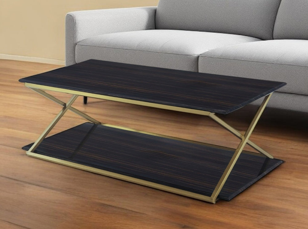 HomeRoots 51" Dark Brown & Gold Metal Coffee Table - Stylish, Functional Design with Lower Shelf for Storage 520589