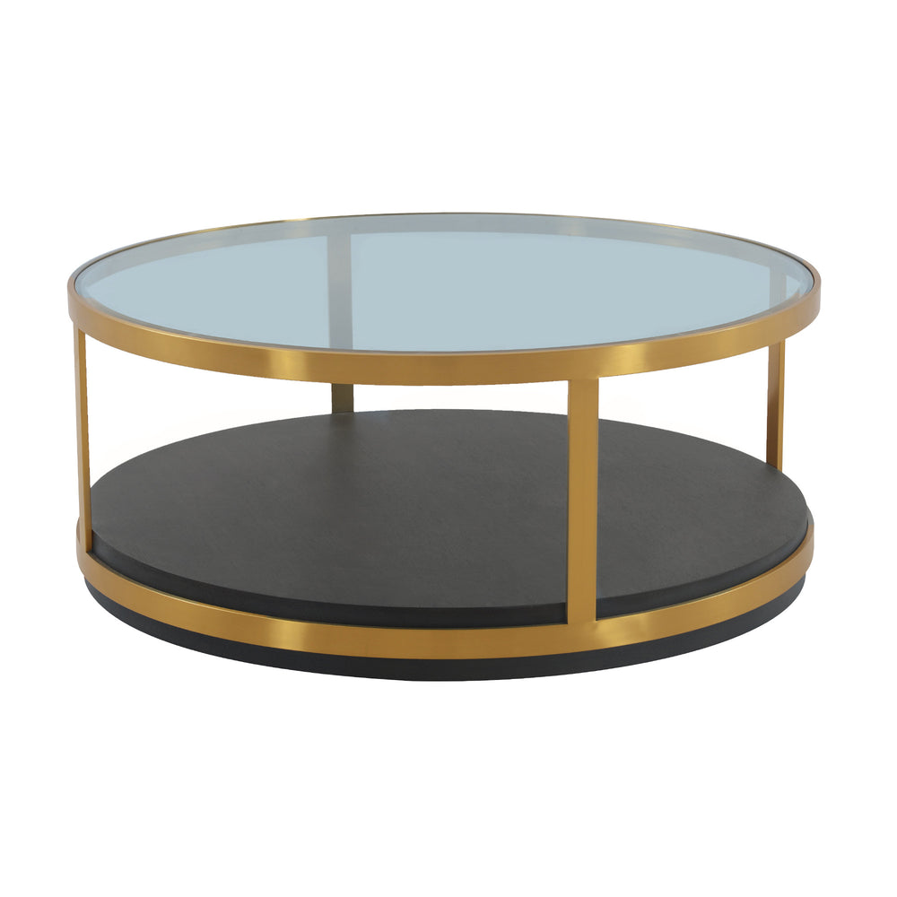 Homeroots 43" Clear And Black Gold Glass And Solid Wood And Metal Round Coffee Table With Shelf   520591