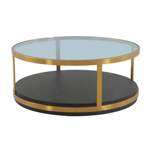 Homeroots 43" Clear And Black Gold Glass And Solid Wood And Metal Round Coffee Table With Shelf   520591