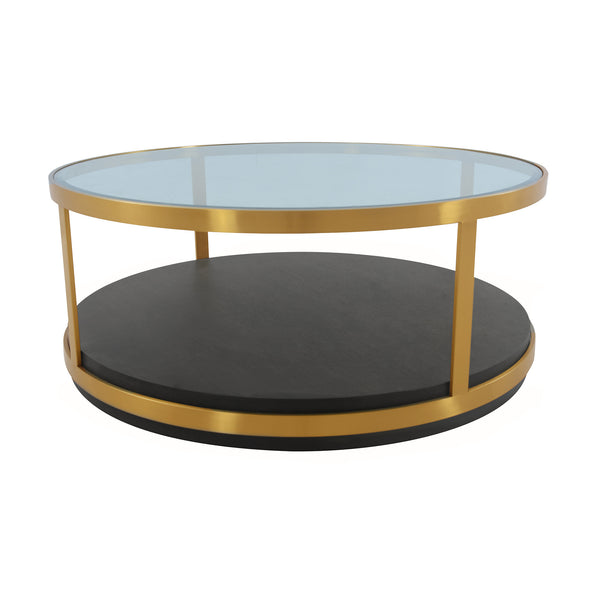 Homeroots 43" Clear And Black Gold Glass And Solid Wood And Metal Round Coffee Table With Shelf   520591
