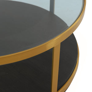 Homeroots 43" Clear And Black Gold Glass And Solid Wood And Metal Round Coffee Table With Shelf   520591