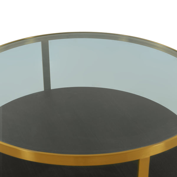 Homeroots 43" Clear And Black Gold Glass And Solid Wood And Metal Round Coffee Table With Shelf   520591