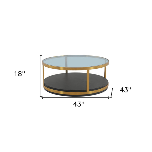 Homeroots 43" Clear And Black Gold Glass And Solid Wood And Metal Round Coffee Table With Shelf   520591