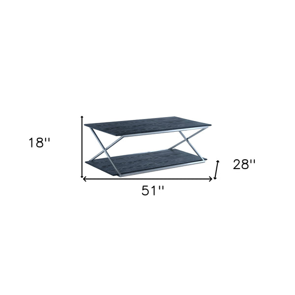 Homeroots 51" Black And Silver Stainless Steel Coffee Table With Shelf   520592