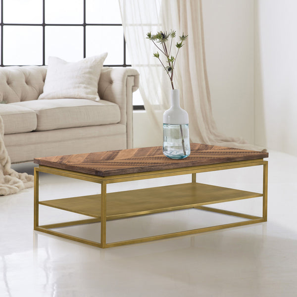 Homeroots 46" Brown And Brass Concrete And Brass Coffee Table With Shelf   520593