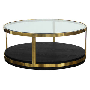Homeroots 44" Black And Gold Glass And Metal Round Coffee Table With Shelf   520595