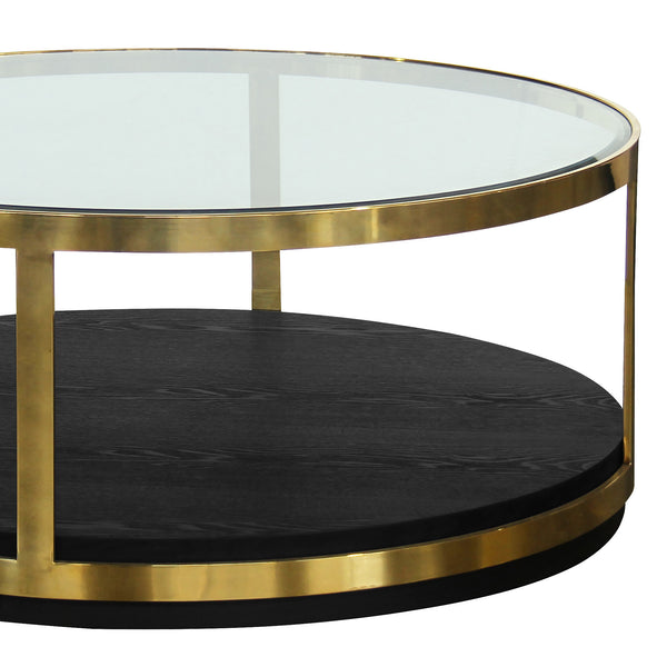 Homeroots 44" Black And Gold Glass And Metal Round Coffee Table With Shelf   520595