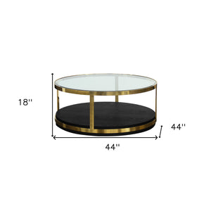 Homeroots 44" Black And Gold Glass And Metal Round Coffee Table With Shelf   520595