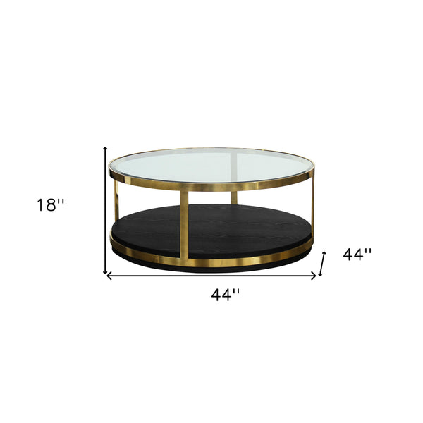 Homeroots 44" Black And Gold Glass And Metal Round Coffee Table With Shelf   520595