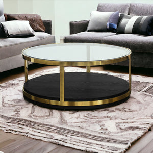 Homeroots 44" Black And Gold Glass And Metal Round Coffee Table With Shelf   520595