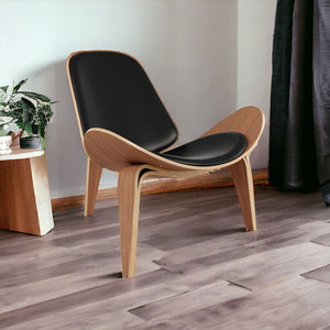 Homeroots 36" Black And Wood Brown Genuine Leather Lounge Chair   520599