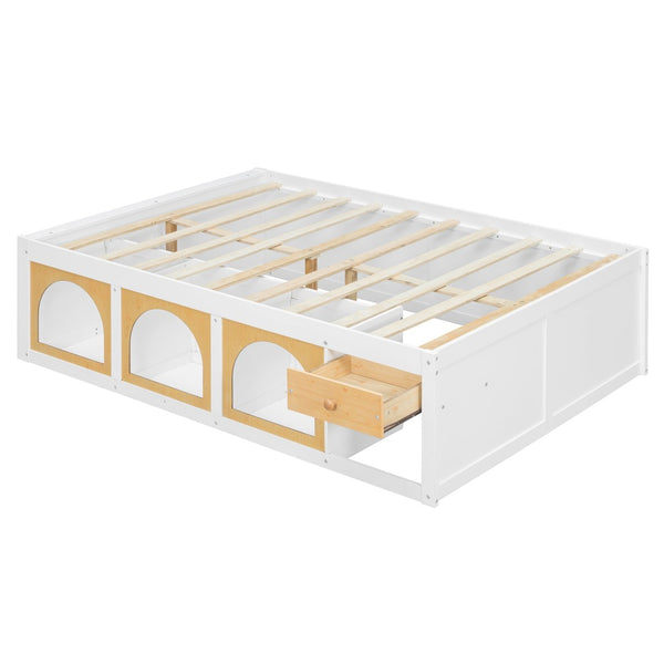 English Elm Full Size Kids Platform Bed with Led Lighting Bookshelf Display Cabinet and Storage Drawer White+Natural N820S00077K
