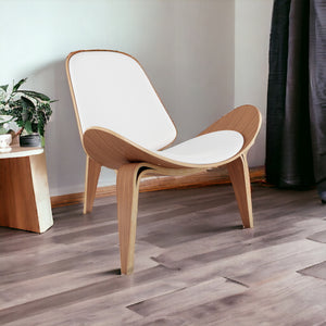 Homeroots 36" White And Wood Brown Genuine Leather Lounge Chair   520600